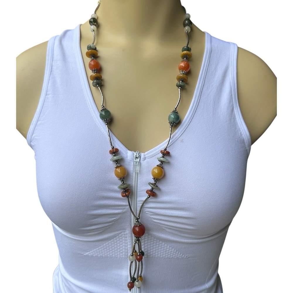 VTG Artisan Beaded Necklace 28 Inch Carnelian Agate Quartz Nephrite Jade Gems